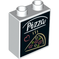 Duplo Brick 1 × 2 × 2 with Bottom Tube with 'Pizza' and Slice of Pizza Print White