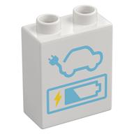 Duplo Brick 1 × 2 × 2 with Bottom Tube with Car, Plug, and Battery Level Print White