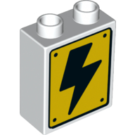 Duplo Brick 1 × 2 × 2 with Bottom Tube and Hazard Sign, Black Lightning Bolt, Dinosaur Eggs on Back Print White