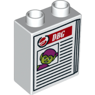 Duplo Brick 1 × 2 × 2 with Bottom Tube and Newspaper with Green Goblin and 'DBG' Print Weiß