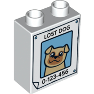 Duplo Brick 1 × 2 × 2 with Poster with Dog and 'LOST DOG 0-123-456' Print in Weiß