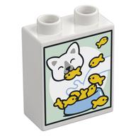 Duplo Brick 1 × 2 × 2 with Bottom Tube, Cat Eating Fish print Weiß