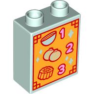 Duplo Brick 1 × 2 × 2 with Bottom Tube with Menu '1', '2', '3', Bowl, Union, Cake print Light Aqua