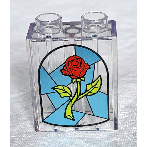 Duplo Brick 1 × 2 × 2 with Glass Stained Window, Rose print Trans-Clear