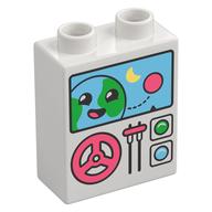 Duplo Brick 1 × 2 × 2 with Steering Wheel, Lever, Buttons, Monitor with Smiling Earth Print in White