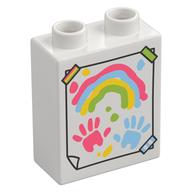Duplo Brick 1 × 2 × 2 with Drawing of Rainbow, Handprints print Weiß