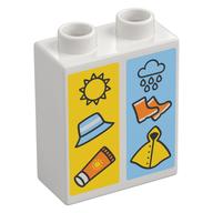 Duplo Brick 1 × 2 × 2 with Bottom Tube, Sun, Hat, and Sunscreen on Yellow Background, and Rain Cloud, Rain Boots, Raincoat on Blue Background Print White