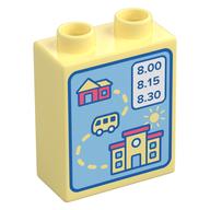 Duplo Brick 1 × 2 × 2 with House, Bus, School, and '8:00, 8:15, 8:30' Print in Leuchtendes Hellgelb