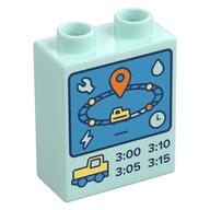Duplo Brick 1 × 2 × 2 with Control Screen, Train Track, Times print Light Aqua