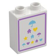 Duplo Brick 1 × 2 × 2 with Medium Lavender Border, Medium Azure/Lavender/Yellow Umbrellas, Houses, Hearts, Stars print Weiß