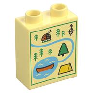 Duplo Brick 1 × 2 × 2 with Map, Ladybug, Trees, River, Lake, Tent, Cano print Bright Light Yellow