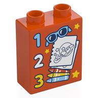 Duplo Brick 1 × 2 × 2 with '1, 2, 3', Sunglasses, Note, Pencils print Reddish Orange