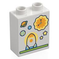 Duplo Brick 1 × 2 × 2 with Rocket Ship, Sun, Planets Print in Weiß