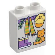 Duplo Brick 1 × 2 × 2 with Bottom Tube, Hooks with Scarf and Hat, Shoes, and Teddy Bear Print White