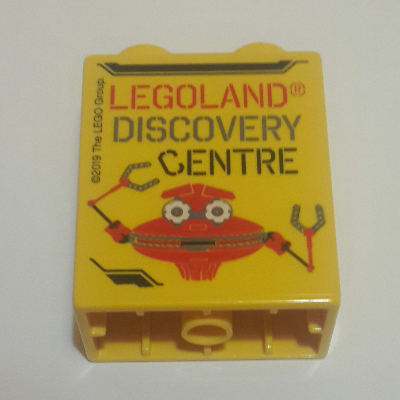 Duplo Brick 1 × 2 × 2 with 'LEGOLAND DISCOVERY CENTRE' and Robot Print 2019 in Yellow