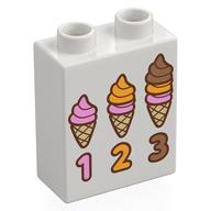 Duplo Brick 1 × 2 × 2 with Bottom Tube with '1 2 3', 3 Sizes Icecreams print White