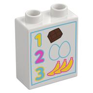 Duplo Brick 1 × 2 × 2 with '1 2 3', Groceries print Weiß
