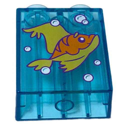 Duplo Brick 1 × 2 × 2 with Yellow/Orange Fish print Trans-Light Blue