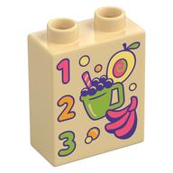 Duplo Brick 1 × 2 × 2 with '1 2 3', Fruit, Drink print Beige
