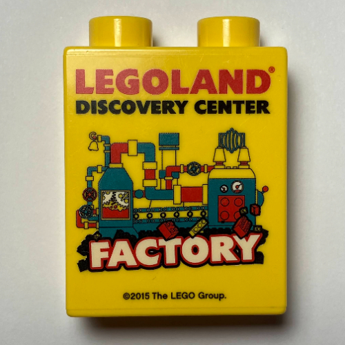 Duplo Brick 1 × 2 × 2 with Bottom Tube and 'LEGOLAND DISCOVERY CENTER FACTORY' Print - 2015 Yellow