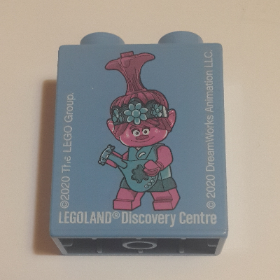 Duplo Brick 1 × 2 × 2 with Bottom Tube with Poppy, 'LEGOLAND Discovery Center 2020' Print Medium Blue