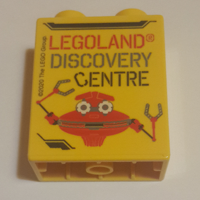 Duplo Brick 1 × 2 × 2 with Bottom Tube with 'LEGOLAND DISCOVERY CENTRE', '2020', and Robot Print Yellow