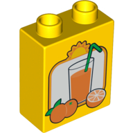 Duplo Brick 1 × 2 × 2 with Oranges and Glass of Orange Juice with Straw Print with Bottom Tube Gelb