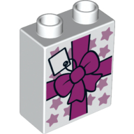 Duplo Brick 1 × 2 × 2 with Bottom Tube and Bow and Gift Tag Print White