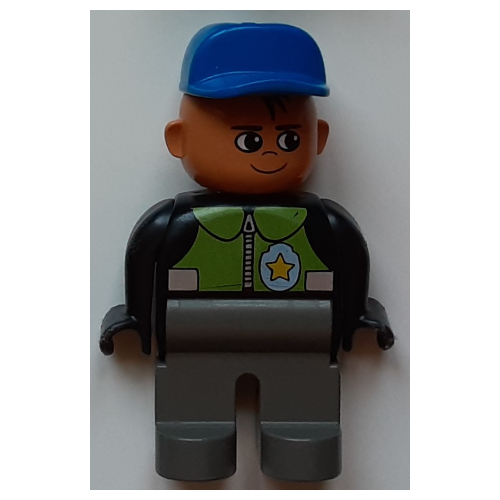 Duplo Figure, Early, Cap Blue, Dark Gray Legs, Lime Vest and Police Badge Print Black