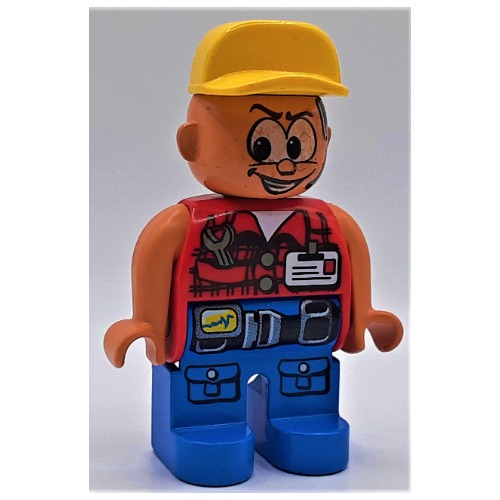 Duplo Figure, Early, Cap Yellow, Blue Legs, Flannel Shirt with Wrench in Pocket, ID Badge with Belt, Headset Print (Action Wheeler) Rot