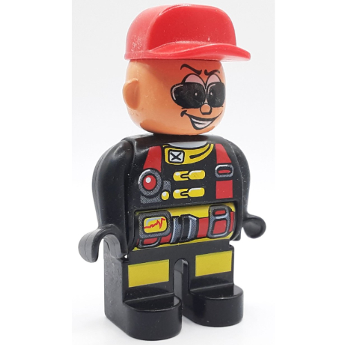 Duplo Figure, Early, Cap Red, Black Legs, Red Utility Harness, Sunglasses Print (Action Wheeler) Black