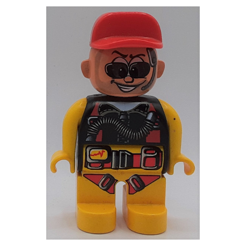 Duplo Figure, Early, Cap Red, Yellow Legs, with Yellow/Black/Red Parachute, Beard, Sunglasses and Headphones Print (Action Wheeler) Yellow