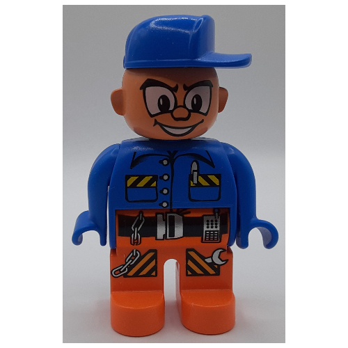 Duplo Figure, Early, Cap Blue, Orange Legs with Belt, Pen, Chain, Radio, and Wrench Print (Action Wheeler) Blue