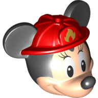 Minifig Head Special with Black Mouse Ears and Nose, Red Fire Fighter Helmet, Eyelashes print (Minnie Mouse) Light Nougat