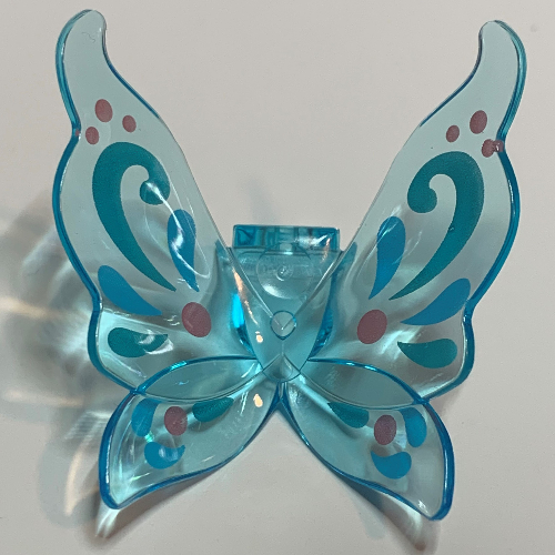 Minifig Neckwear Wings Fairy Curvy with Medium Azure/Dark Turquoise/Dark Pink Decorations print Trans-Light Blue