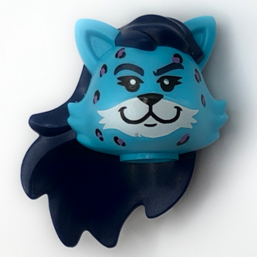 Minifig Head Special, Leopard Guitarist, Cat with Dark Blue Hair, Leopard Spots, White Face print Mittelazur