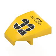 Brick Wedged, Curved 2 × 2 × 2/3 with Notches 27° with Black 'F1 ACADEMY 32' print Yellow
