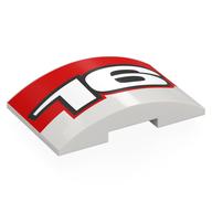 Brick Curved 4 × 6 Double, 2 × 4 Cutout with Red Rectangle, White '16' print White