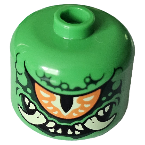 BigFig Head Mutation Monster, Orange/Bright Light Yellow Cyclops Eye, Dark Green Markings, Tan Fangs, Teeth print Hellgrün