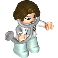 Duplo Figure with Hair Side Parted Dark Brown, Light Aqua Legs, White Top with ID Badge, White Arms, Attached Stethoscope (Medic) White