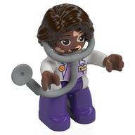 Duplo Figure with Hair Side Parted Dark Brown, Dark Purple Legs, White Top, White Arms, Attached Stethoscope (Medic) White