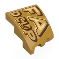 Brick Wedged, Curved 3 × 2 with Stud Notch Left with 'FA', 'DCUP' print Pearl Gold