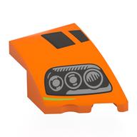 Brick Wedged, Curved 3 × 2 with Stud Notch Right with Dark Bluish Grey Headlights, Black Shapes print Orange