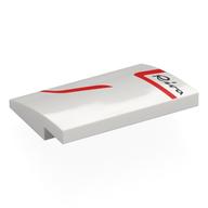 Brick Curved 4 × 3 × 2/3 No Studs with Red Lines, Black 'Riva' print Weiß