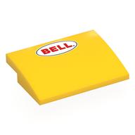 Brick Curved 4 × 3 × 2/3 No Studs with Red 'BELL' in Black Oval, White Field print Gelb
