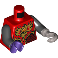 Torso Armor with Dark Red and Gold Armor with Scales and Fire Chi Emblem Print, Black Arms, Dark Purple Hand Right, Flat Silver Hook Left Rot