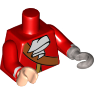 Torso Pirate Coat with Gold Trim, Crossbelt, White Ascot print, Red Arms with White Stripe at Wrist, Light Nougat Right Hand, Flat Silver Left Hook Red