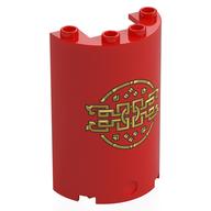 Cylinder Half 2 × 4 × 5 with 1 × 2 cutout with Gold Chines Decorations print Red