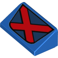 Brick Sloped 30° 1 × 2 × 2/3 - Red 'X' on Dark Blue Banner Print (X-Men Logo) Blue