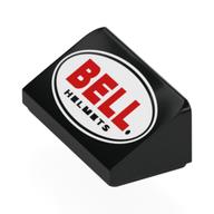 Brick Sloped 30° 1 × 2 × 2/3 with Red 'BELL', Black 'HELMETS' in Black Oval, White Field Print